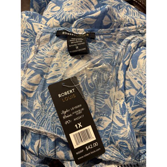 NWT Robert Louis Blue & White Cold Shoulder Top with Ruffle Sleeve Size 1X - Picture 4 of 4